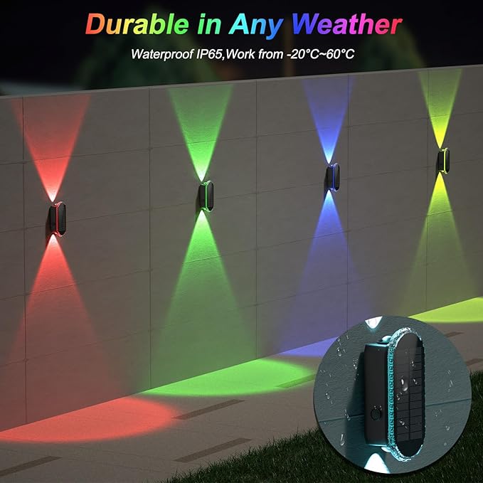 Ellasay Solar Fence Lights Backyark: 6-Pack Fence Lights Solar Powered 8 WRGB Color Modes - Up & Down Waterproof Solar Wall Lights for Outdoor/Yard/Poolside/Porch/Patio/Railing