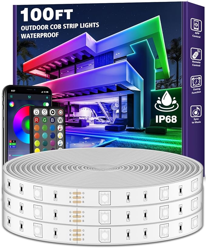Outdoor LED Strip Lights Waterproof,IP68 Outside Led Light Strips Waterproof with Bluetooth App Remote Control,Music Sync RGB Exterior Led Rope Lights,for Balcony,Deck (100ft Outdoor LED Strip Lights)