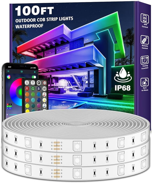 Outdoor LED Strip Lights Waterproof,IP68 Outside Led Light Strips Waterproof with Bluetooth App Remote Control,Music Sync RGB Exterior Led Rope Lights,for Balcony,Deck (100ft Outdoor LED Strip Lights)
