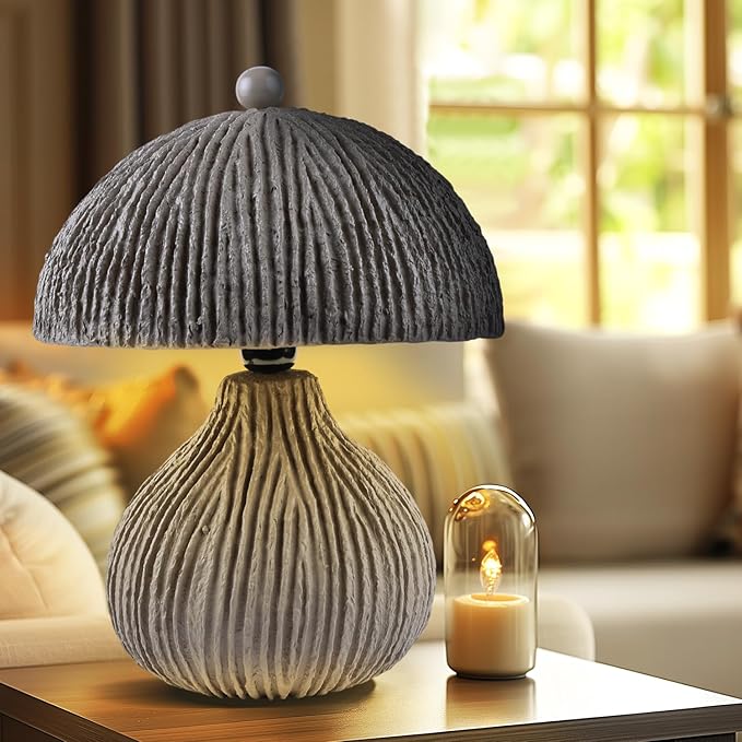 Handicrafts Home Handcrafted Paper Mache Table Lamp, 11x12.5” Modern Farmhouse Accent Table Lamp, Decorative Dome Bedside Nightstand Lamp for Bedroom Living Room, Small Sculptural Desk Light, Mush