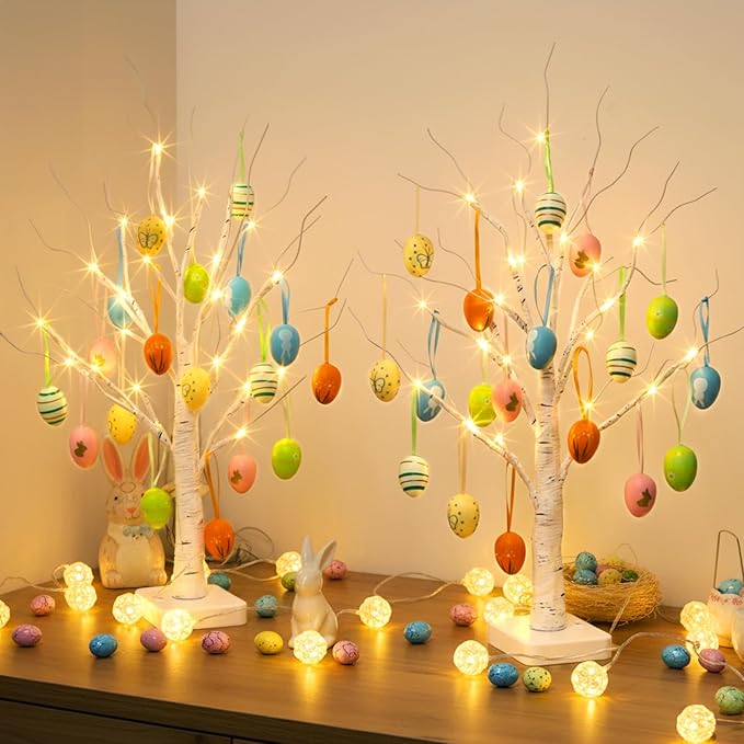 EAMBRITE Easter Decorations, Easter Egg Tree with 36 pcs Eggs Ornaments, Lighted White Birch Tree with Timer Battery Powered, for Home Tabletop Centerpiece Spring Indoor Decorations (2 Pack 24 LED)