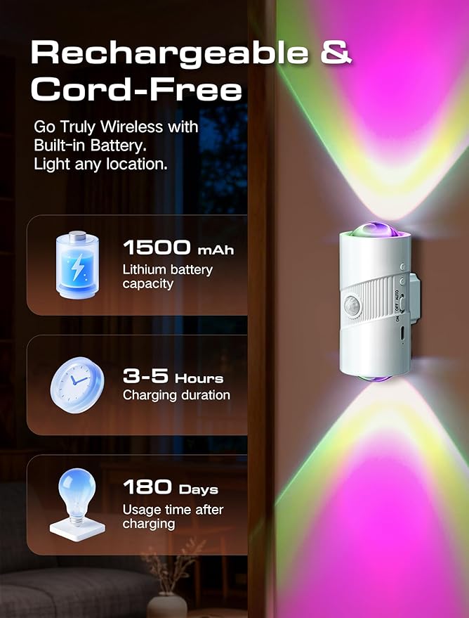 Night Light with Motion Sensor, Rechargeable Color Changing LED Night Lights Stick-on Magnet, 0-100LM Adjustable Brightness Nightlights for Toilet Hallway Bedroom Stairway (RGB-01)