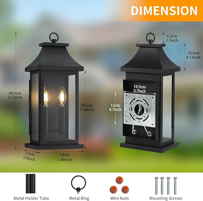 tewei 18'' Dusk to Dawn Outdoor Light Fixture, Porch Light Outdoor Wall Sconce Lights, 2-Light Black Exterior Lighting Fixture Wall Mount, Outside Light for House Garage, 1-Pack
