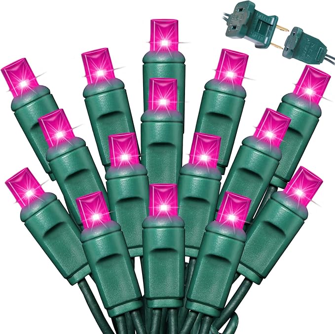 LAMPHOME 600LED (12pk of 50L) String Lights,LED Christmas Lights, 6" SPACING,Green Wire,Pink