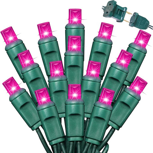 LAMPHOME 600LED (12pk of 50L) String Lights,LED Christmas Lights, 6" SPACING,Green Wire,Pink