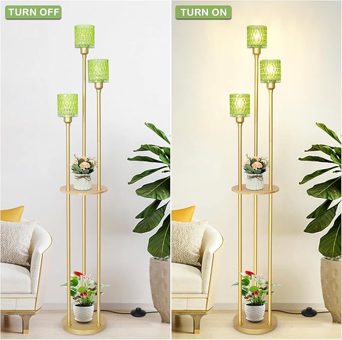 HMVPL Vintage Floor Lamp with Shelves, Gold Floor Lamp with Table, Mid Century Standing Lamp with Green Glass Shade, On/Off Switch, Boho Corner Lamp for Living Room, Brass Tall Lamp for Bedroom Office