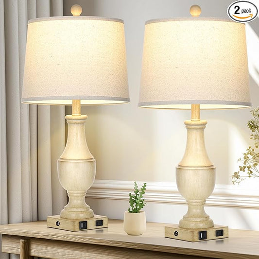 Farmhouse Lamps Set of 2, Vintage Rustic 3-Way Dimmable Touch Control Table Lamp with USB A+C Charging Ports & AC Outlet, Retro Resin Bedside Lamp Linen Shade for Bedroom Office Antique White