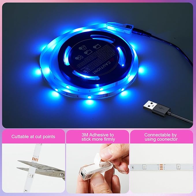 TV LED Backlights, 10ft LED Strip Lights Behind TV USB Operated Color Changing for 46-65 Inch TV RGB 5050 LED Tape Lights with IR Remote Controller and Dimmable