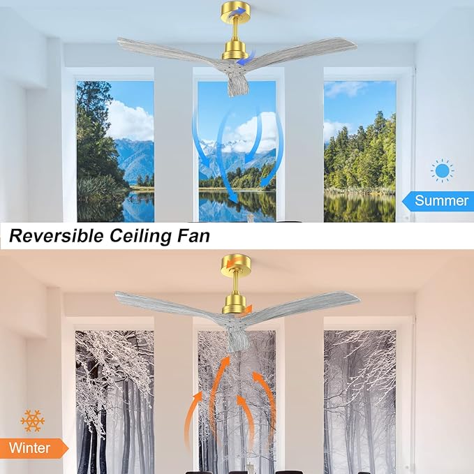 52" Ceiling Fans No Lights with Remote, 3 Solid-Wood Blade,Noiseless Reversible DC Motor for Patios Indoor Outdoor Living room Farmhouse, Golden Body