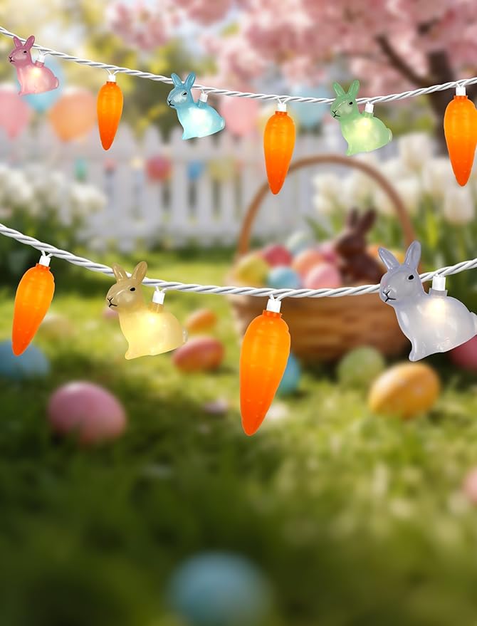 12Ft Easter String Lights Plug in - 20 LED 3D Pastel Bunny & Carrot Fairy Lights, Connectable & Waterproof Spring Decor for Indoor Outdoor Home, Mantel, Bedroom, Party, Garden (White Wire)