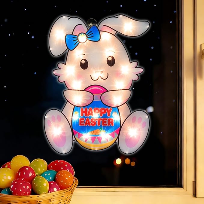 17" 20LED Lighted Bunny Easter Decor, Soft Warm Glow for Window, 120V Plug-in, UL Certified, Pretty Gift Box Packed