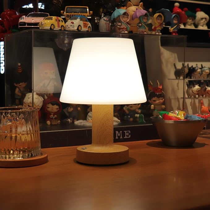 Small Mushroom Table Lamp, Cordless Night Light with 2600mAh Rechargeable Battery, Stepless Dimming Desk Lamp with 3 Colors for Bedroom/Patio/Living Room (Wooden-2)