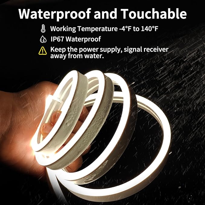 Outdoor Led Strip Lights, IP67 Waterproof Tunable Warm White Lights 3000K-6500K 26FT, RF Remote Control with 24V DC Dimmable Neon Rope Lights for Kitchen Bedroom Indoor Outdoor Decoration