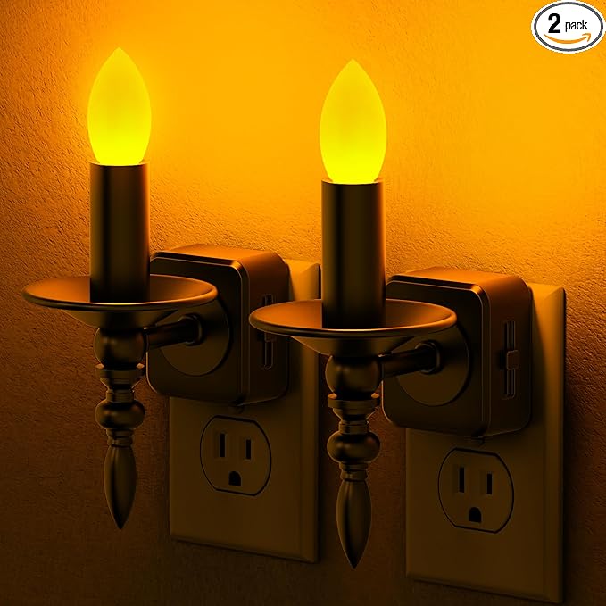 Briignite Candle Night Lights Plug into Wall, Amber LED Night Light with Dusk to Dawn Sensor, Night Lights Plug into Wall 0-100LM Dimmable Plug in Night Light for Hallway Bathroom Bedroom 2 Pack