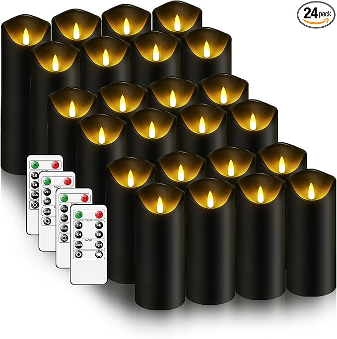 Flickering Flameless Candles, Battery Operated Plastic LED Pillar Candles with Remote Control and Timer, Set of 24 (Black)