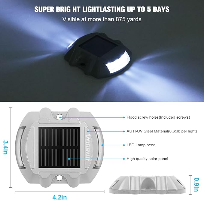 VOLISUN Solar Deck Lights Driveway Dock Lights, 8-Pack Led IP68 Waterproof Outdoor Warning Step Lights for Driveway Sidewalk Garden Pathway Yard(White, Auto On/Off
