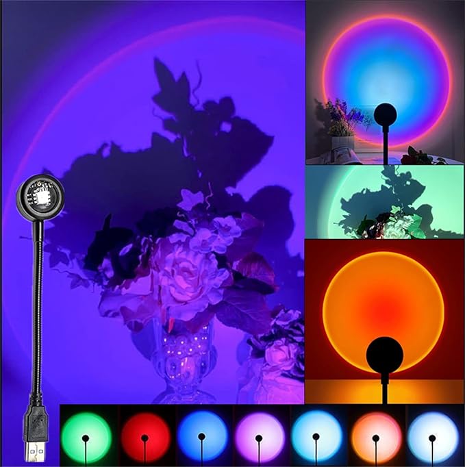 YOWOCAL USB Sunset Projection Light, 7 Colors-8 Lighting Modes Voice Control Sunset Lamp, Portable Romantic Decoration for Bedroom Ceiling Party, Plug and Play