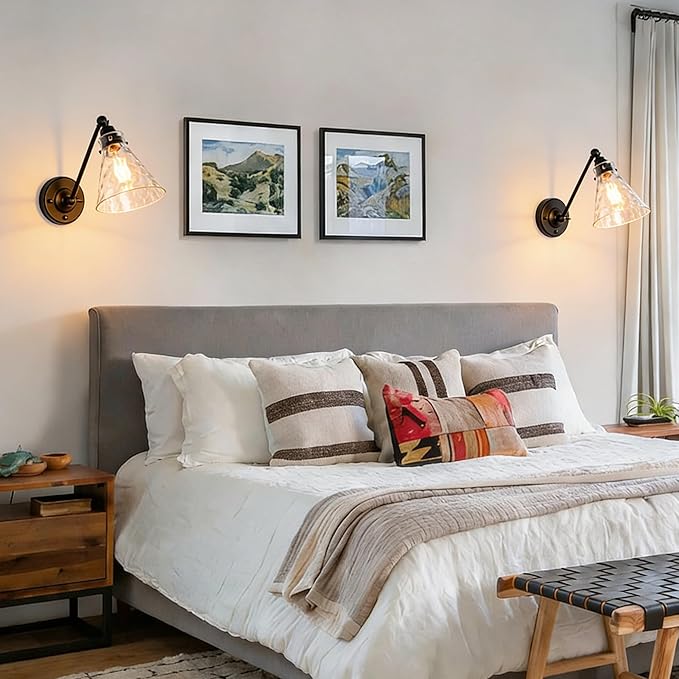 Industrial Vintage Slope Pole Wall Mount Single Sconce with Funnel Flared Clear Glass Shade, Swing Arm Wall Sconce Light Lamp Fixture Hardwired