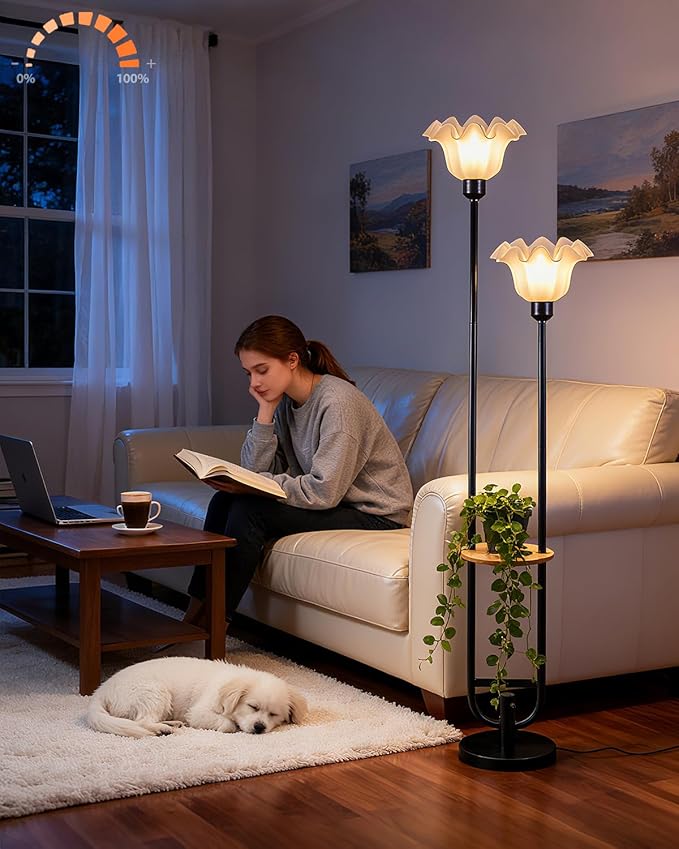 Lightdot Dimmable Flower Floor Lamp for Living Room, Modern Mid Century Floor Lamp with Table, Black Tall Standing Lamp for Bedroom/Sofa Beside/Corner Decor(Bulb Included)