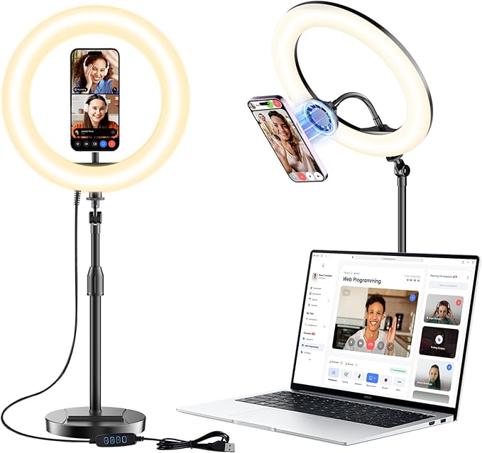 Desk Ring Light with Magnetic Phone Holder, 10'' Video Conference Podcast Lighting Kit for Laptop Computer Monitor Zoom Call Streaming, 3 Color LED Halo Light with Adjustable Stand for Home Office