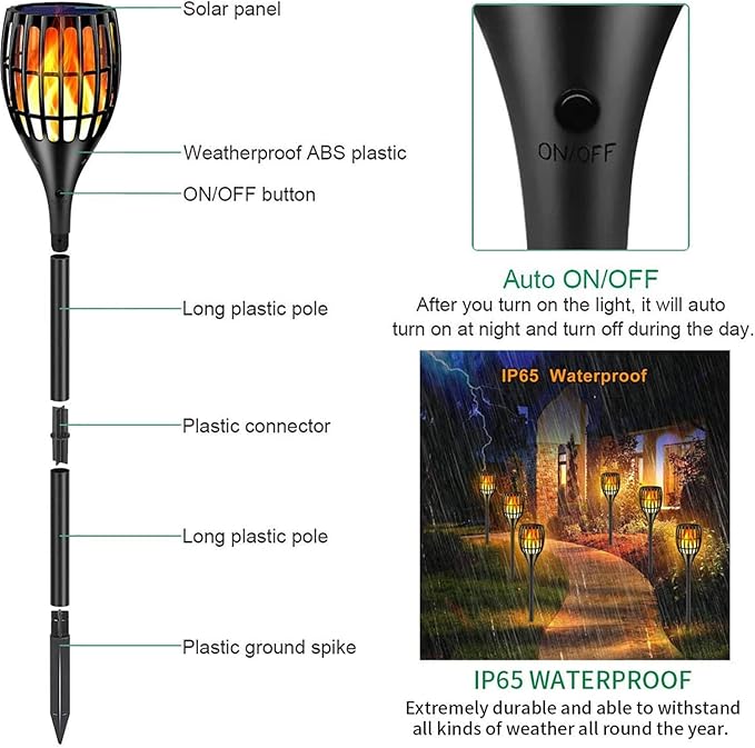 Solar Torch Flame Lights Waterproof Flickering Flames Lights 43" Solar Garden Lights Outdoor Landscape Decoration Lighting Dusk to Dawn Auto On/Off for Yard Garden Pathway, 2 Pack