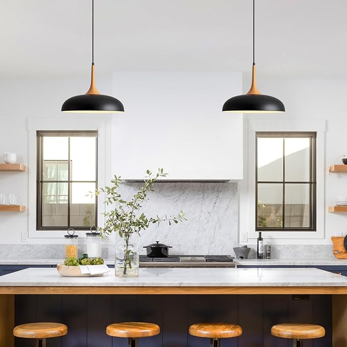 Oversize Black Pendant Lights Kitchen Island,Modern Pendant Light Fixtures,Farmhouse Adjustable Hanging Pendant Lighting Foyer Entryway Hallway Bedroom Dining Room Living Room,Faux-Wood,Large 15.75 in