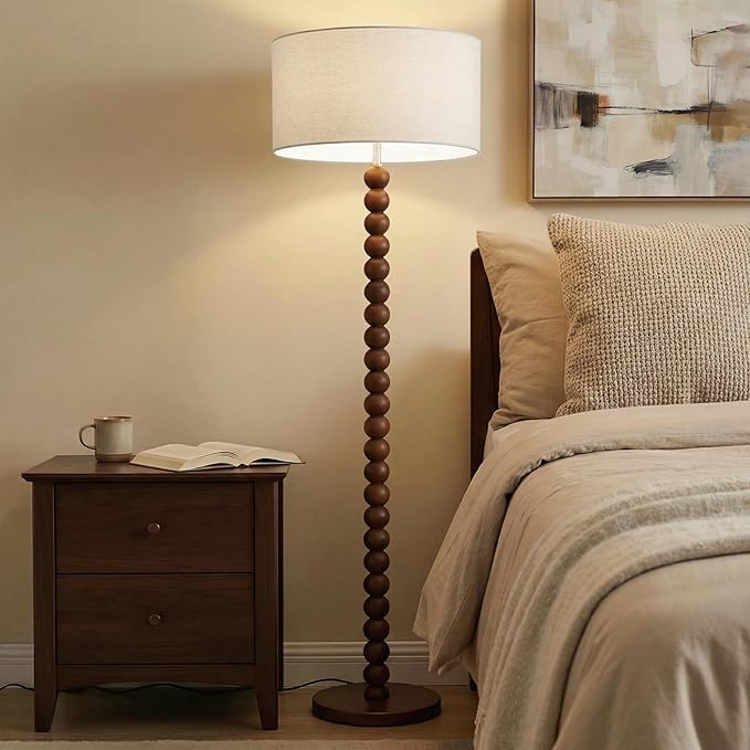Buruis 61" Beaded Wood Floor Lamp with 17.2" Large Linen Shade, UL Listed, Retro Mid-Century Accent Walnut Finish Standing Lamp for Living Room, Bedroom, Office, Corner, Cream