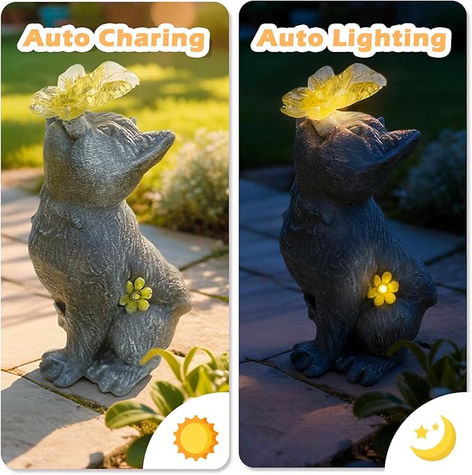 Charming Kitten Garden Statue with Solar Butterfly Light - Cute Cat Figurine with Colorful Flower - Outdoor Decor for Patio Lawn & Flower Bed - Christmas Housewarming Birthday Gifts for Grandma Mom