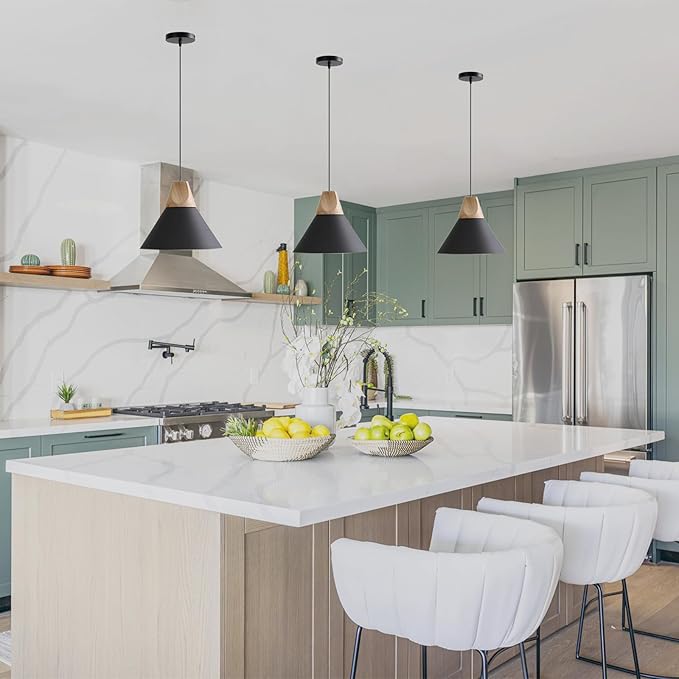 Pendant Light,Solid Wood Ceiling Hanging Lamp,Modern Matte Black Pendant Lighting for Kitchen Island Dining Room Coffee Bar (Black-3 Pack)