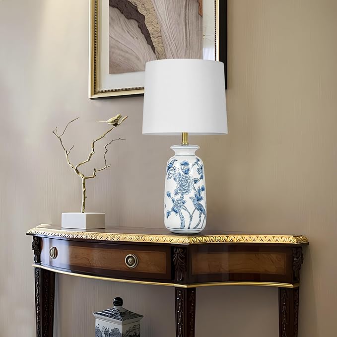 24.25" Blue Ceramic Table Lamp for Living Room, Classic Blue and White Lamp for End Table, Blue Birds and Flowers Lamps, Traditional China Nightstand Lamp for Bedroom