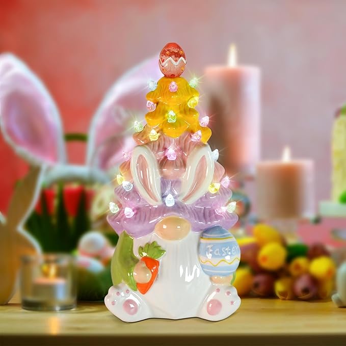 Timer - Easter Decorations for Home - Light up Easter Bunny Decor Spring Gnome Ceramic Tree Decor - Spring Decorations Centerpieces for Tables
