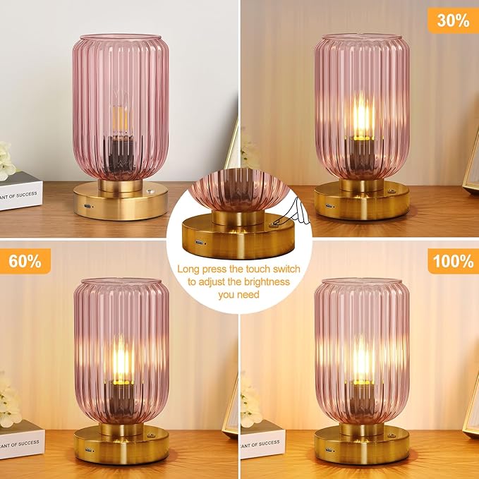 LigthRound Touch Table Lamp for Bedroom, Cordless Bedside Small Table Lamp, Dimmable Rechargeable Battery Operated Lamp for Nightstand, Bedside, Living Room, Desk, LED Bulb Included