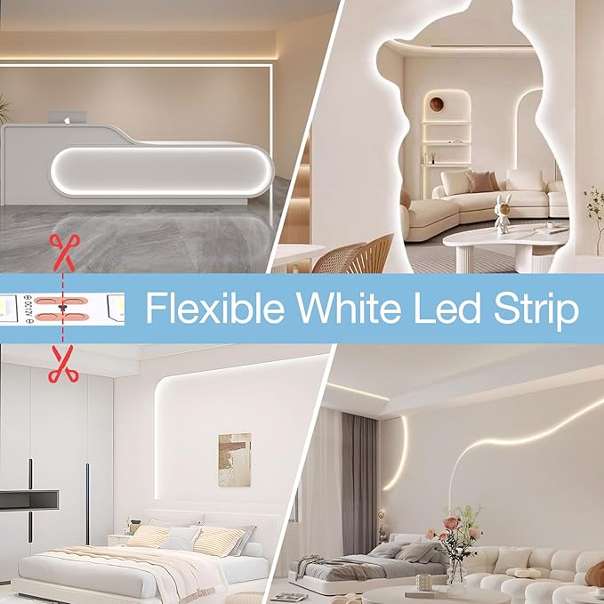 USB LED Light Strip White with Battery Box (Batteries Not Included), 16.4ft Daylight Under Cabinet Strip Lights Cuttable for Bedroom, Mirror, Party, Camping, Christmas, 8.2ft x 2