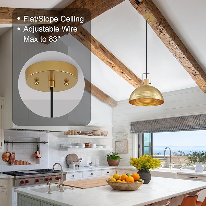 16 Inch Gold Pendant Lights Hammered Matte Pendant Lights for Kitchen Island Industrial Farmhouse Adjustable Height Dome Hanging Light Fixtures for Barn, Dining Room 2 Packs