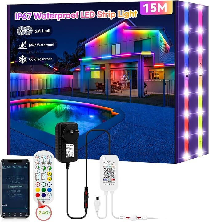 IP67 50FT Continuous RGB+IC DIY Design Outdoor Led Strip Lights Waterproof with Wi-Fi+Bluetooth App Compatible with Alexa,Google Assistant,Themable for Football Clubs Color Changing LED Rope Lights
