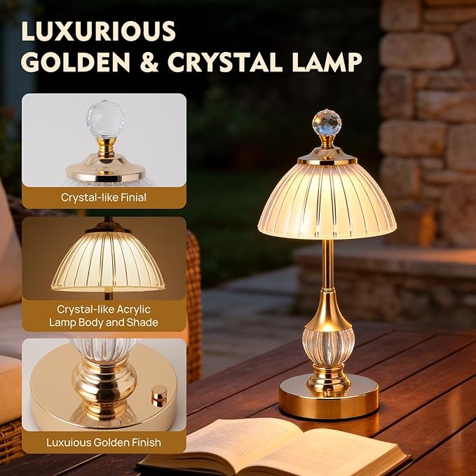 Vintage Gold Crystal Rechargeable Lamp Cordless, LED Touch Battery Operated Table Lamp, 3 Colors Dimmable Portable, Modern Home Decor, Bedroom, Bedside, Living Room, Kitchen, Pumpkin