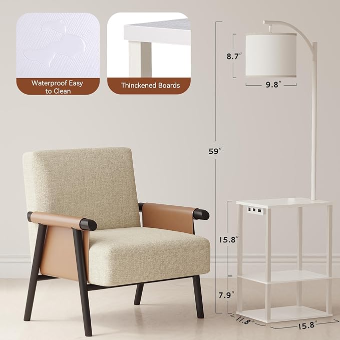 SUNMORY Floor Lamp with Table, End Table for Living Room with Lamp, Shelves Side Table with Charging Station(USB & AC Port), 3 Color Temperature LED Bulb, Modern Nightstand Lamp for Bedroom, Office