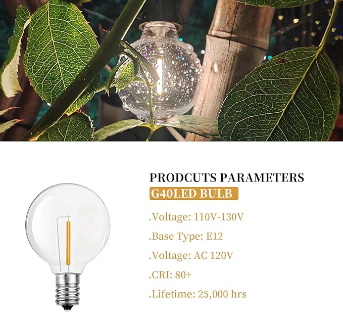 G40 LED Replacement Light Bulbs,C7/E12 Screw Base Shatterproof Globe Bulbs for Outdoor String Lights Patio Decor,25 Pack,Warm White 2700K,Energy Efficient Waterproof