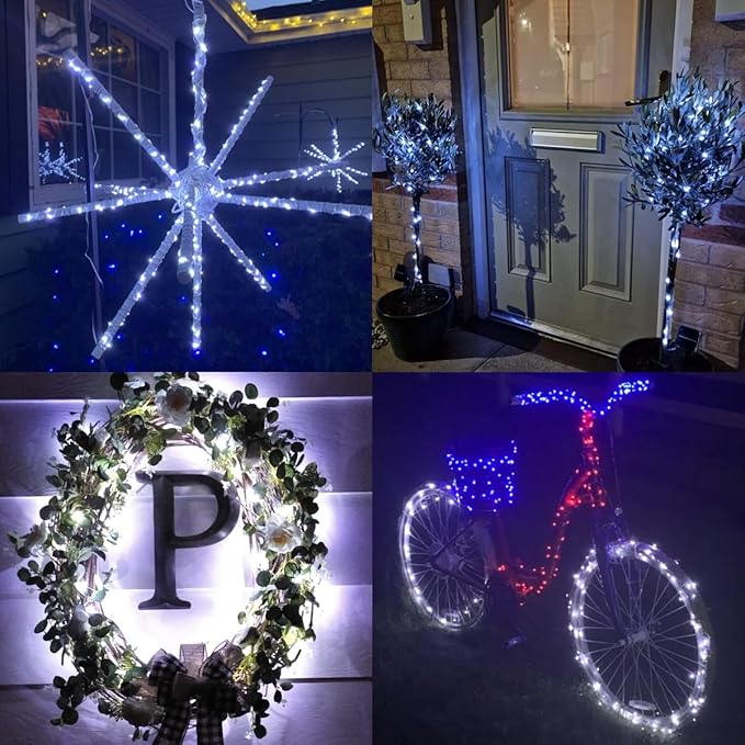 QITONG 4 Pack White Solar Christmas Lights, Each 33ft 100 LED Fairy Light Outdoor Waterproof, 8 Modes Silver Wire Christmas Twinkle Lights