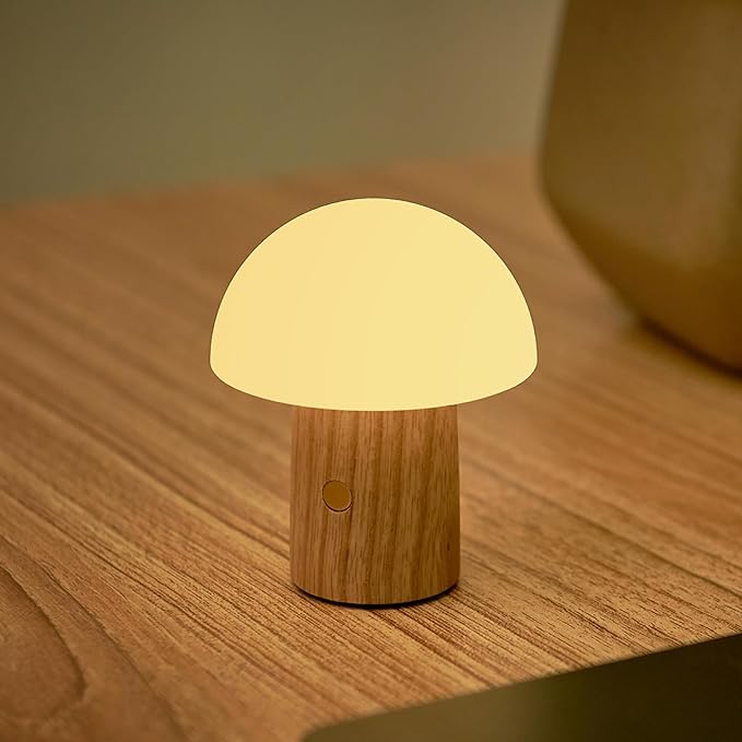 Gingko 7 Colour Changing RGB Alice Mushroom Lamp, Mood Light and Night Lights, Long Life Battery, USB-C Charging, 3 Light Modes, FSC Certified Wood with Frosted ABS Shade (Walnut, Super Mini)