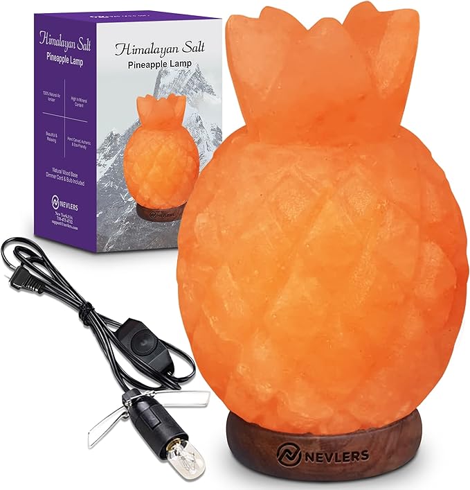 Nevlers Pineapple Shape Pink Himalayan Salt Lamp w/Wood Base| 7-8 lbs & 7"- 8" Tall Himalayan Pink Salt Lamp w/Dimmer Cord & Light Bulb| 100% Salt Rock Lamp | Ambient Salt Crystal Lamp for Home Decor