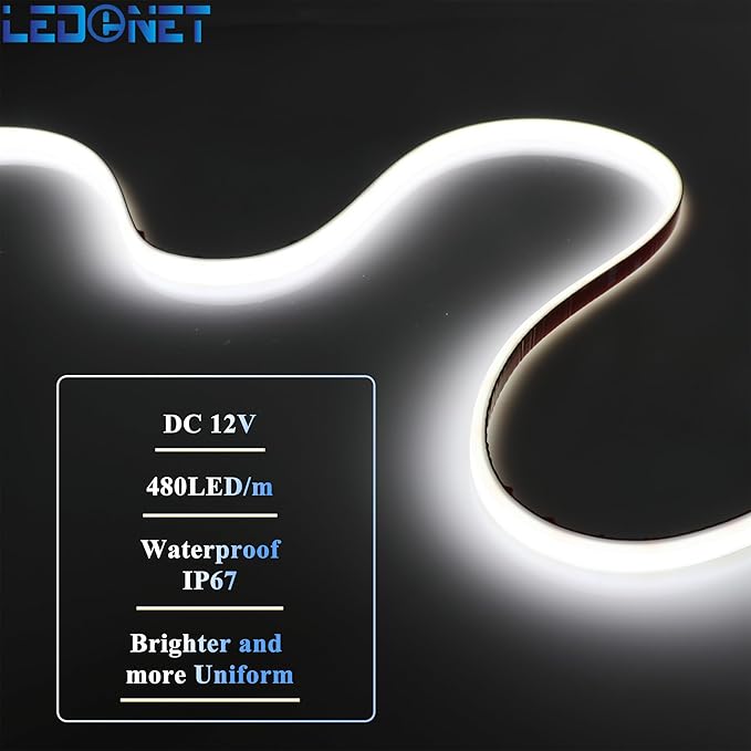 COB LED Strip Lights Waterproof IP67 White 6000K DC12V 16.4ft/5m 480LEDs/m CRI94 Dotless LED Rope Lights for Living Room Cabinets Outdoor DIY Lighting