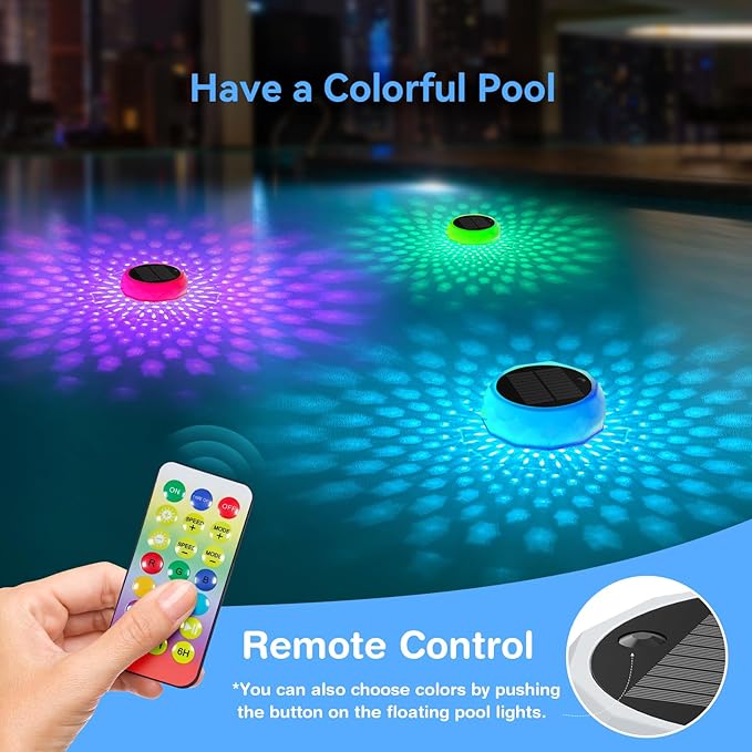 Solar Floating Pool Lights, RGB Color Float Pool Lights with Remote, IP68 Waterproof, Pool Decor Lighting Accessories for Inground, Above Ground Pools, Outdoor, Garden, Party Decoration