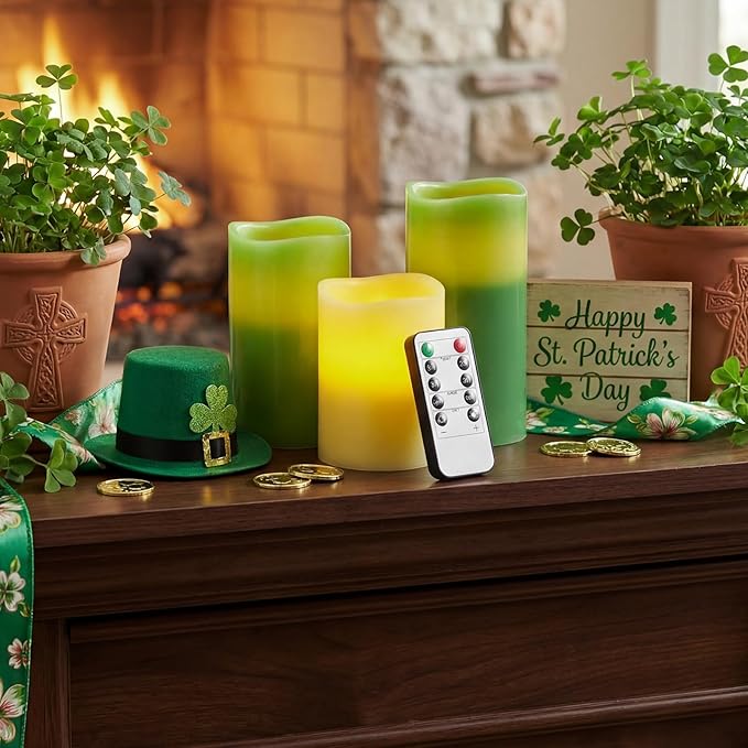 VIHOSE St. Patrick's Day Flameless Candles Battery Operated Flameless Pillar Candles Real Wax Fake Candle with Remote and Timer Flickering for St. Patrick's Easter Gift Home Party