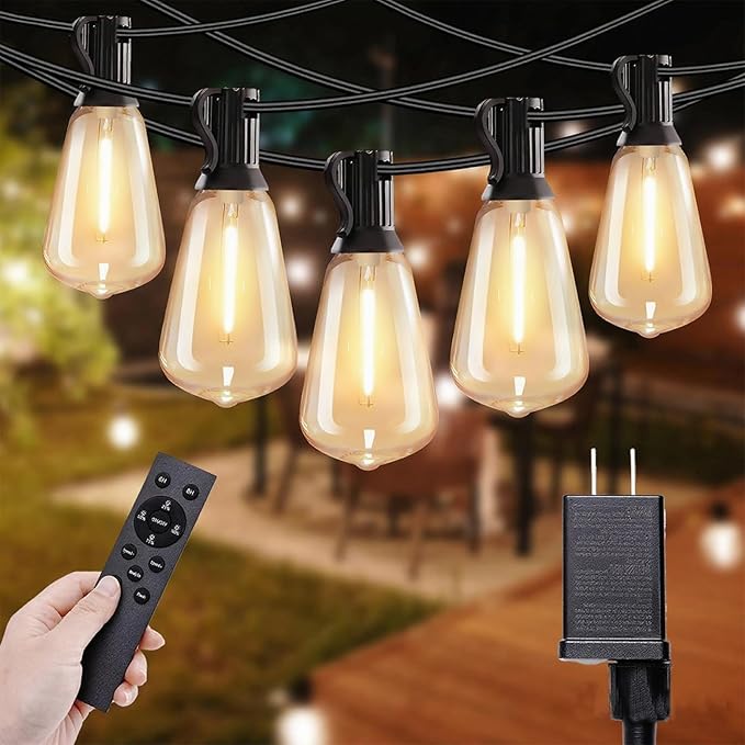 Outdoor String Lights with Remote, 50ft 25 Bulbs Low Voltage(24V) Patio Lights, Dimmable & Timer, IP65 Waterproof, ST38 LED Hanging Lights for Outside, Deck, Garden, Backyard, Porch, Party