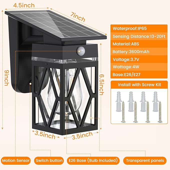2 Pack Solar Porch Lights Outdoor, Dusk to Dawn & Motion Sensor Solar Wall Light with Lantern Shape, 3 Modes IP65 Waterproof, E26 Bulb Exterior Sconce for Front Porch, Garage, Patio Security