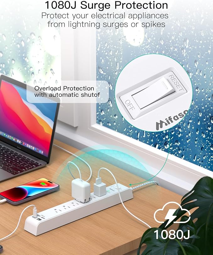 2 Pack Power Strip, 3FT Long Extension Cord, Surge Protector with 6 Outlets and 4 USB Ports (2 USB C), Flat Plug Overload Protection, Wall Mount for Home Office Dorm College