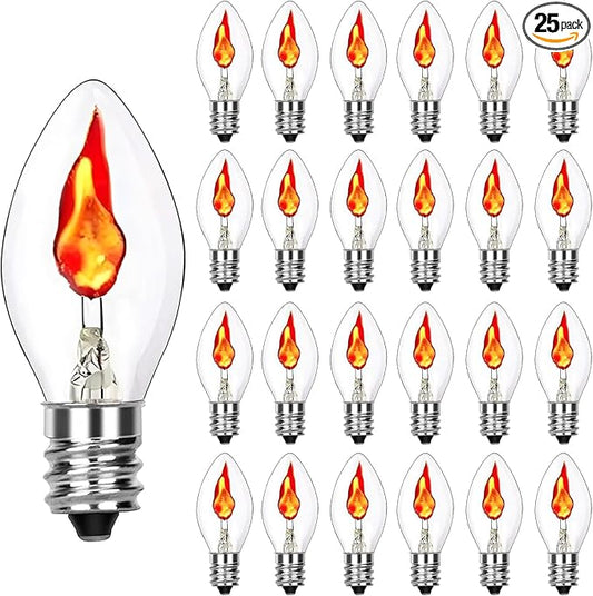 25 Pack C7 Christmas Flickering Flame Light Bulbs, 1W Clear Flicker Flame Candles Light Bulbs, E12 Candelabra Replacement Light Bulb for Christmas Electric Window Candles Chandelier Night Light