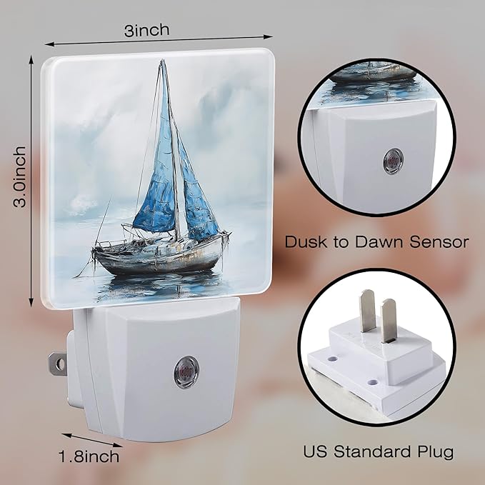 Blue Sailboat in Harbor Night Light for Kids, Dusk-to-Dawn Auto Sensor Plug in Night Light, 0.5W Energy Saving Non-Toxic Design for Bedroom/Bathroom, Ideal Gifts for Women, Men & Kids