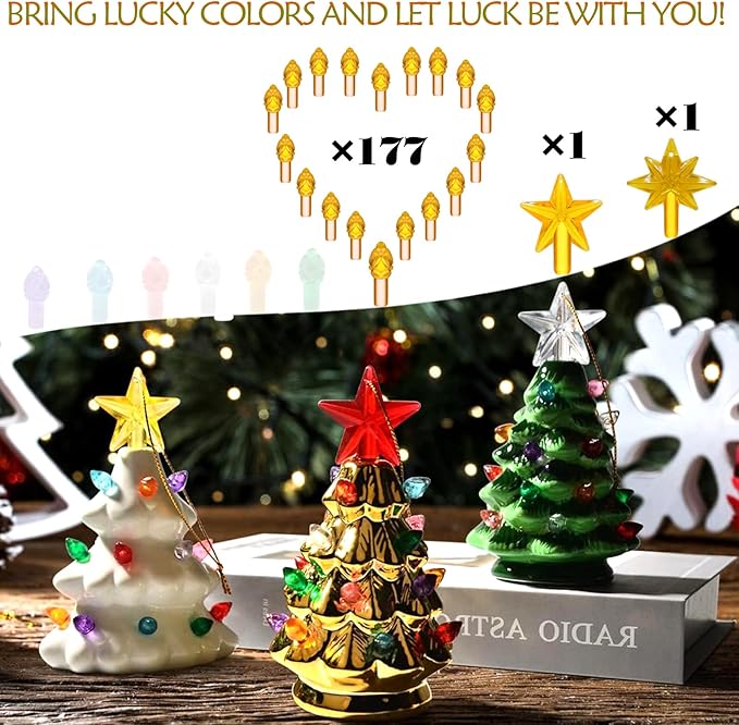 Golden Yellow Replacement Lights Bulbs for Ceramic Christmas Tree, Mini Flame Light Ornaments for Ceramic Tree, Small Twist Pegs Accessories for Crafts, 2 Stars Treetopper＆177 Bulbs Set
